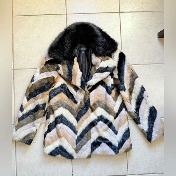 TopShop Multicolor Chevron Faux Fur Coat - Picture 3 of 13